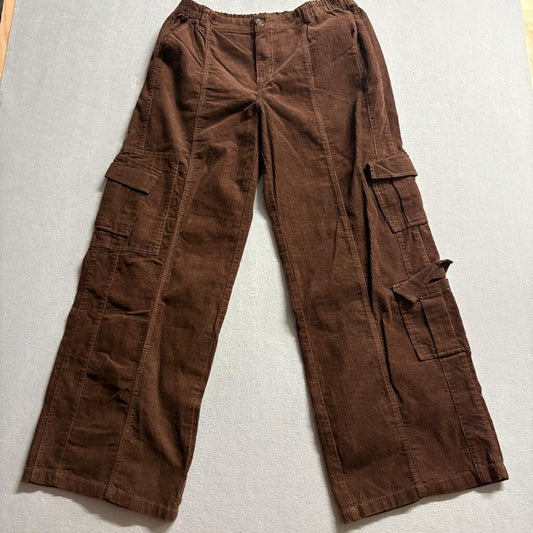 Forever 21 Corduroy Cargo Pants Womens XL Brown Wide Leg Elastic Waist Cotton