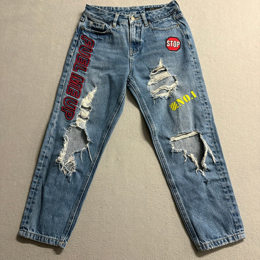 MO&Co Premium Jeans Womens 25 Blue Distressed Ripped Graphic Patch Denim