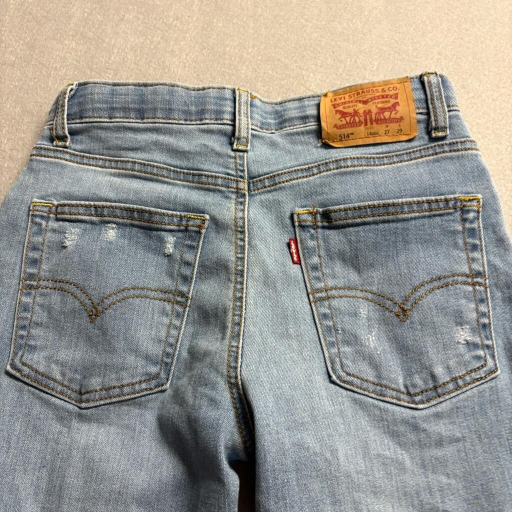 Levi's 514 Boys Jeans Size 14 Reg Blue Denim Distressed Straight Leg Adjustable