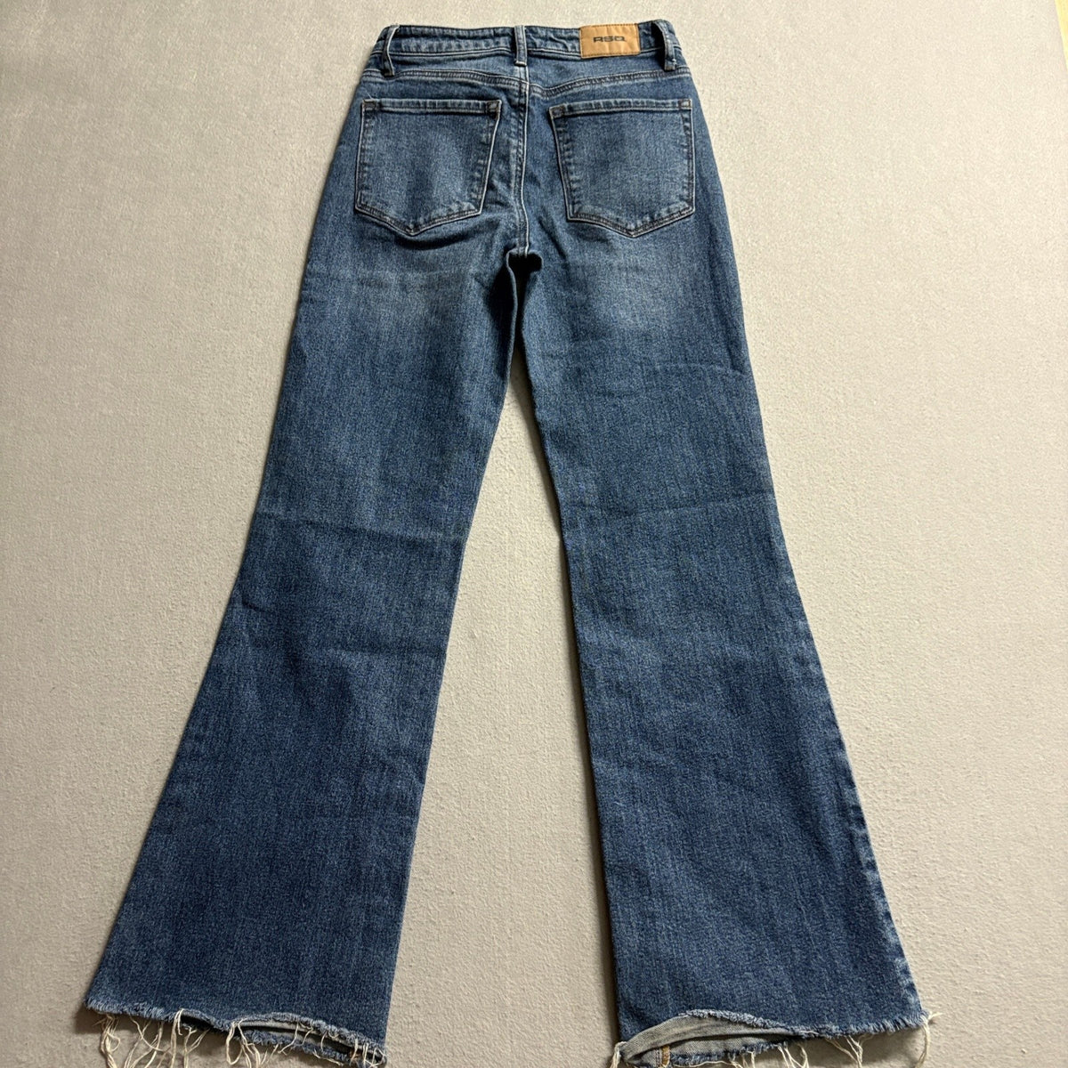 RSQ Womens High Rise Flare Jeans Size 24 Blue Medium Wash Raw Fringe Hem Stretch