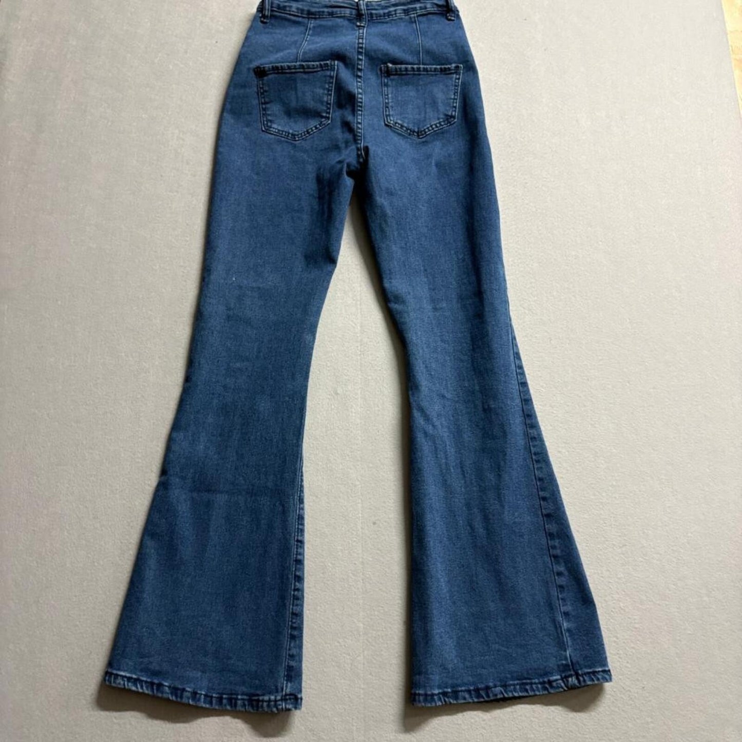 Shein Womens High Rise Flare Jeans Size S Blue Denim Button Fly Stretch Bell