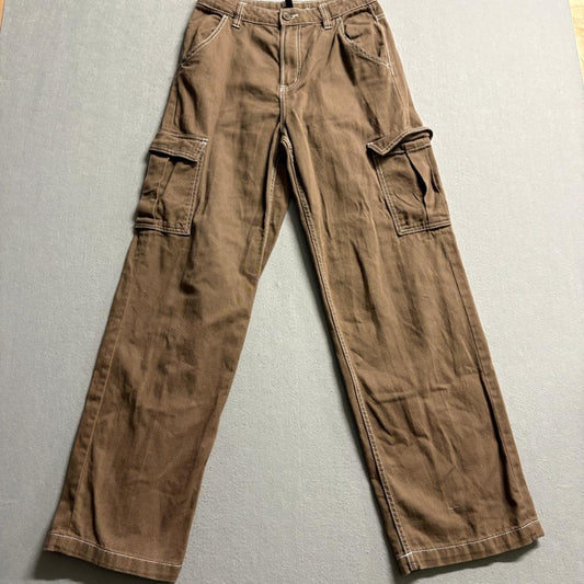 H&M Divided Women's Brown Cargo Pants Size 4 Contrast Stitch Wide Leg Utility