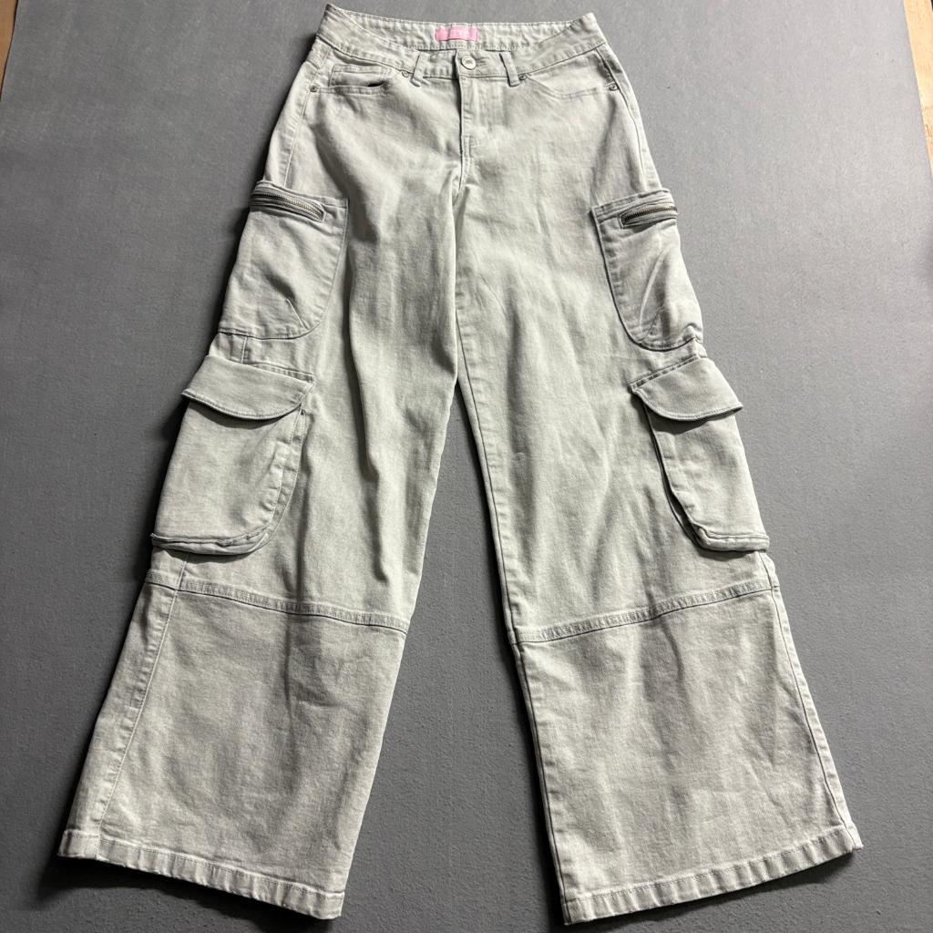 TRTR Acid Grey Cargo Jeans Womens Size 5 Wide Leg High Rise Utility Pockets