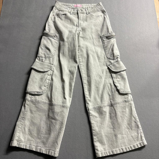 TRTR Acid Grey Cargo Jeans Womens Size 5 Wide Leg High Rise Utility Pockets