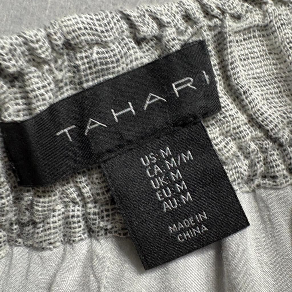 Tahari Linen Pants Womens Medium Gray White Striped Wide Leg Cropped Elastic