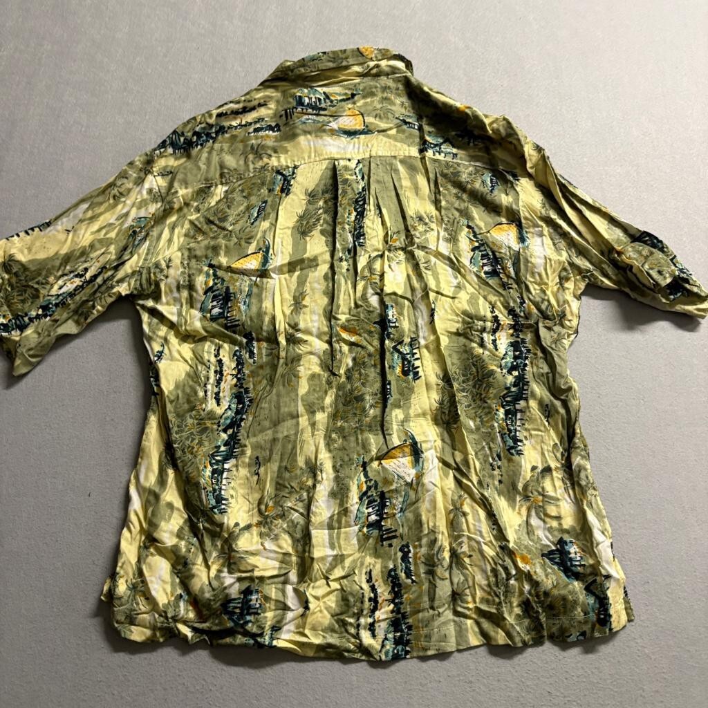 Sunset Highway Hawaiian Shirt Mens XL Green Rayon Tropical Sailboat Camp Shirt