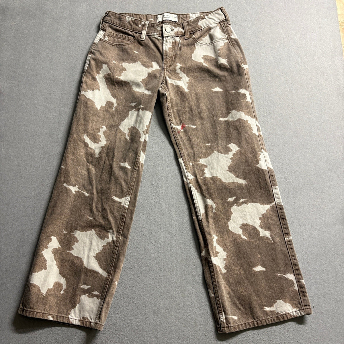Hollister Low-Rise Baggy Jeans Womens 8R W29 Brown Cow Print Camo Wide Leg