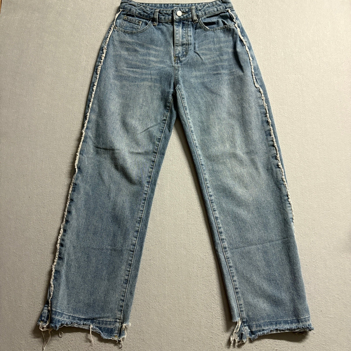 Womens High Rise Wide Leg Fray Side Seam Distressed Hem Blue Jeans Size