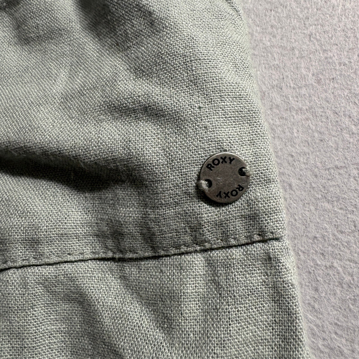 Roxy Linen Blend Pants Womens Large Green Drawstring Elastic Waist Roll Tab Hem