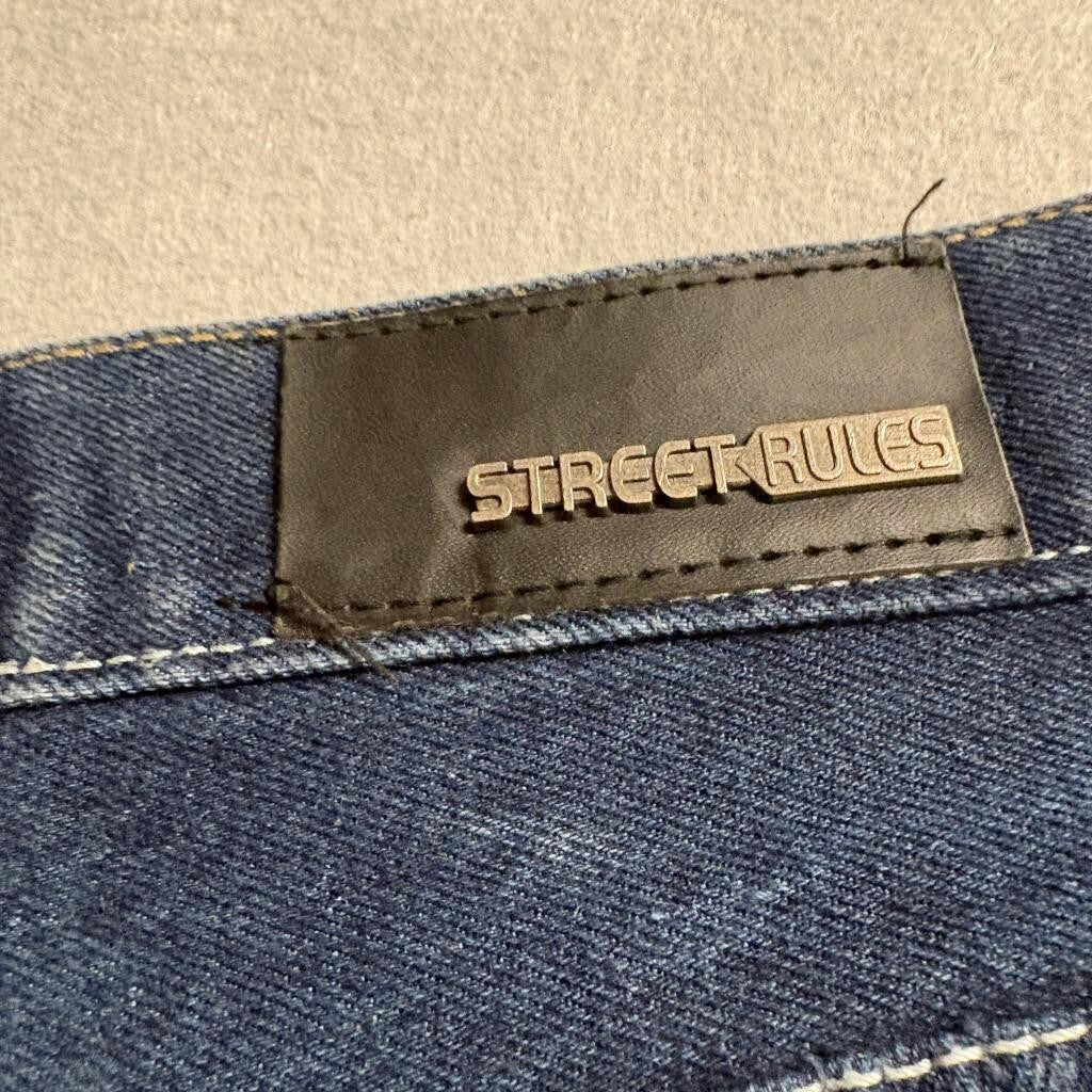 Street Rules Mens Jeans 36x32 Distressed Patchwork Denim Hip Hop Streetwear Blue