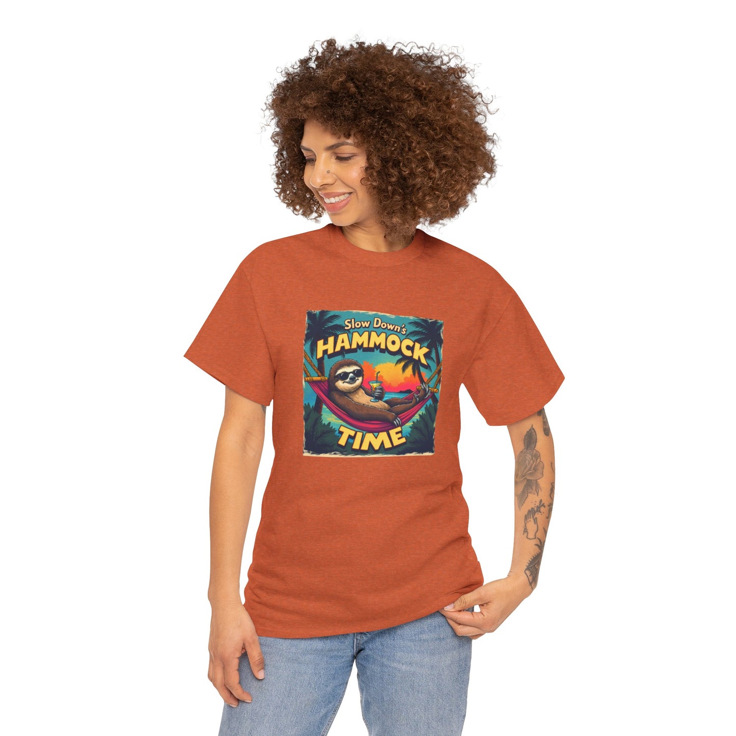 Slow Down Hammock Time Sloth Unisex Heavy Cotton Tee