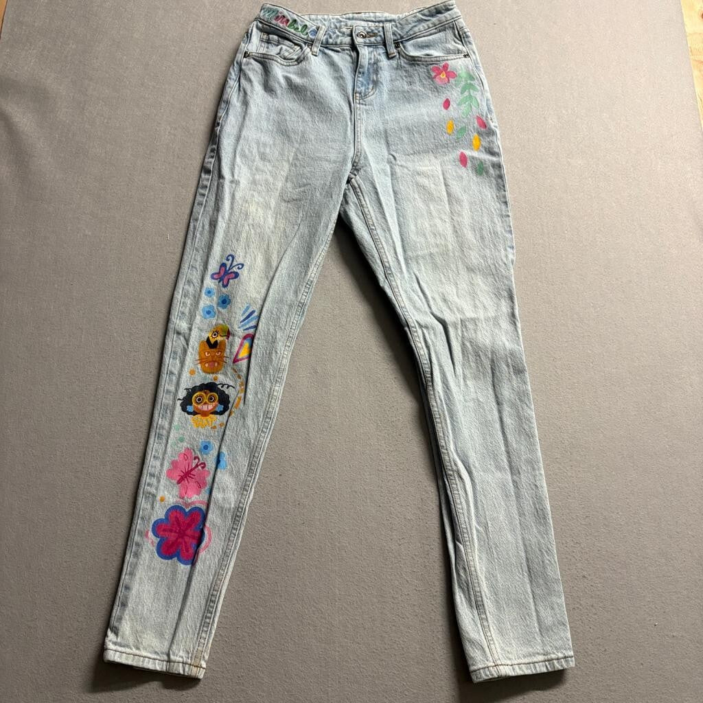 Disney Encanto Mirabel Girls Jeans Size 5 Light Wash Embroidered Floral Skinny