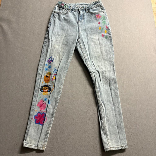 Disney Encanto Mirabel Girls Jeans Size 5 Light Wash Embroidered Floral Skinny
