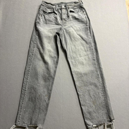 American Eagle Super High Rise Straight Jeans Womens 6 Gray Rhinestone Raw Hem
