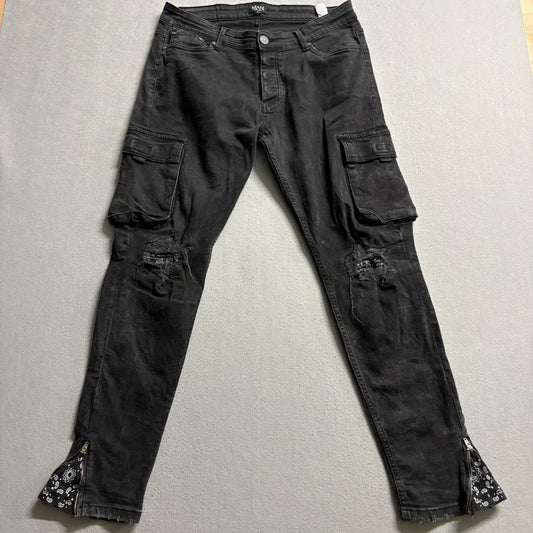 BoohooMAN Cargo Jeans Mens 34 Black Distressed Skinny Ankle Zip Paisley Insert