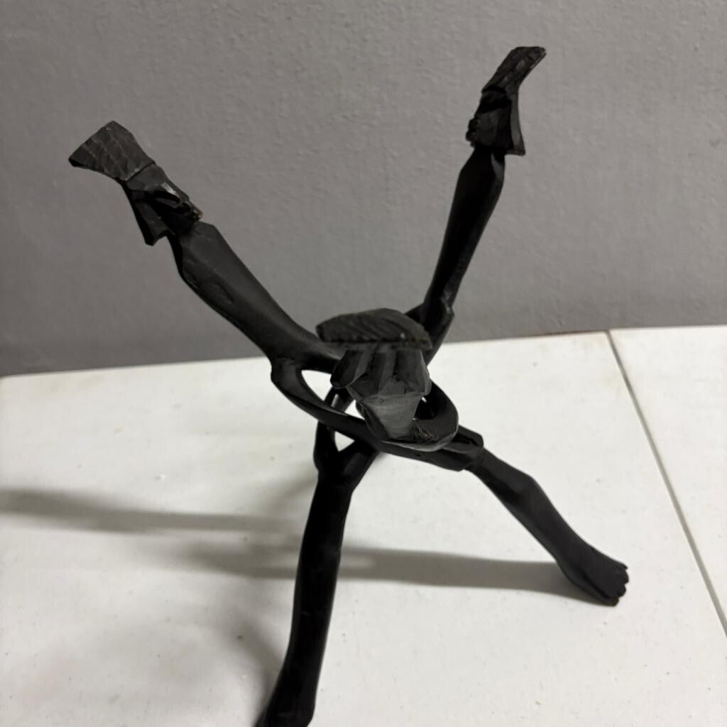 Vintage Hand Carved African Interlocking Wood Tripod Stand 3 Legged Folding 12in