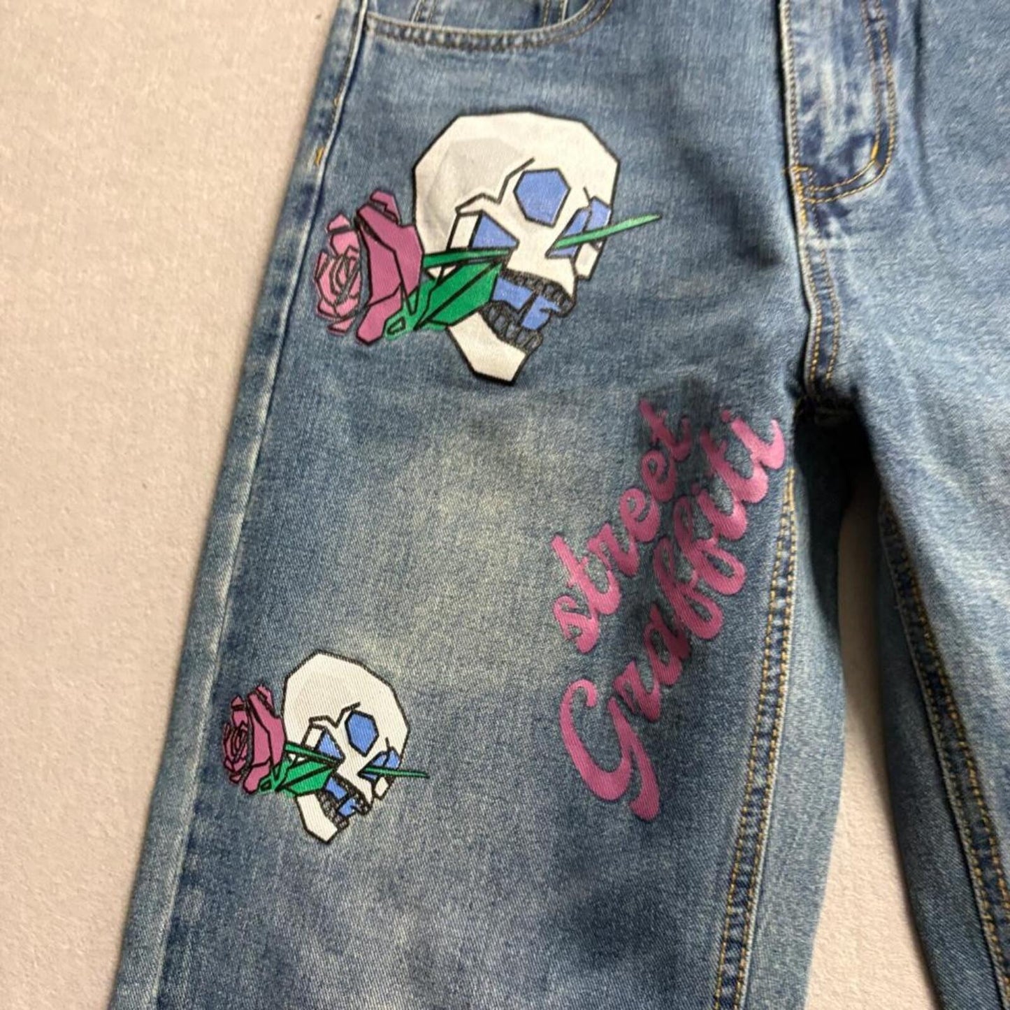 SHEIN Skull Rose Graffiti Print Jeans Womens XS Blue Denim Straight Leg Pants