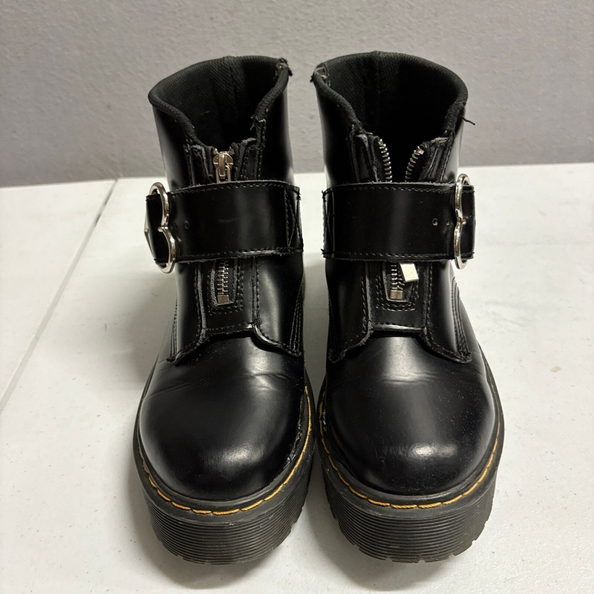 Dr Martens Lazy Oaf Devon Heart Buckle Platform Boots Black Leather Womens