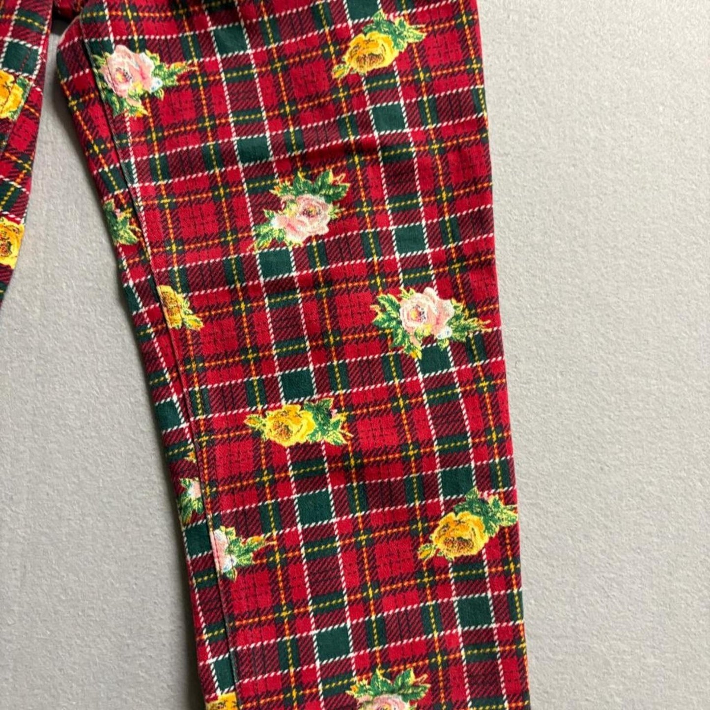 Vintage Gap Denim Plaid Floral Jeans Womens 26 Red Tartan Rose Print 90s
