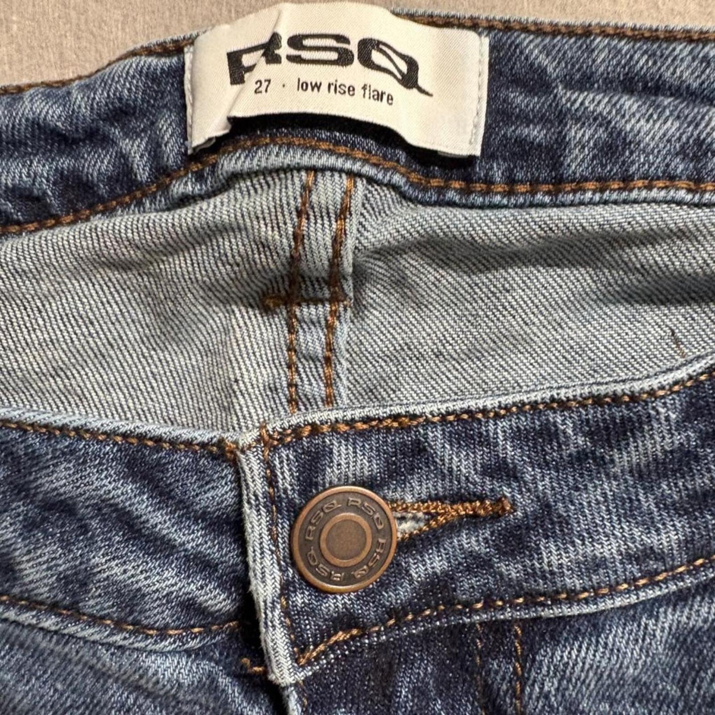 RSQ Low Rise Flare Jeans Womens 27 Blue Denim Raw Hem Stretch Comfort
