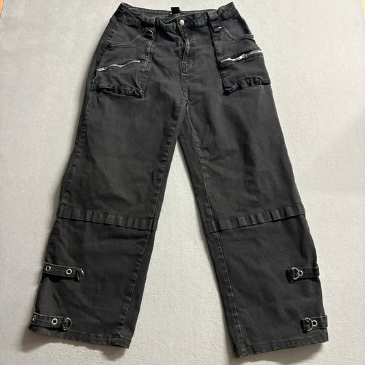 Hot Topic Womens Goth Punk Cargo Pants Size 9 Black Wide Leg Strap Accent Denim