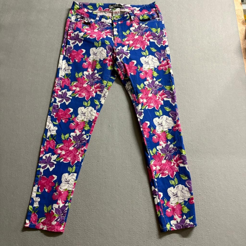 I & P Jeans Wear Floral Skinny Pants Womens Size 17 Blue Pink Purple Stretch