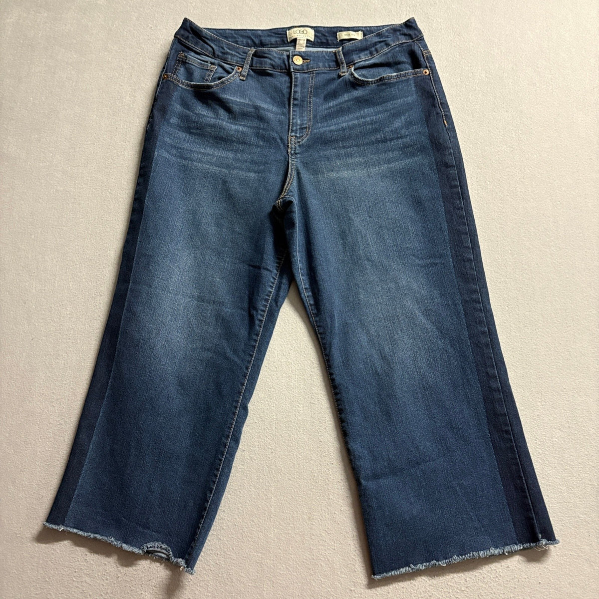 Lori Goldstein LOGO Wide Leg Jeans Womens 14 Blue Denim Raw Hem Tuxedo Stripe