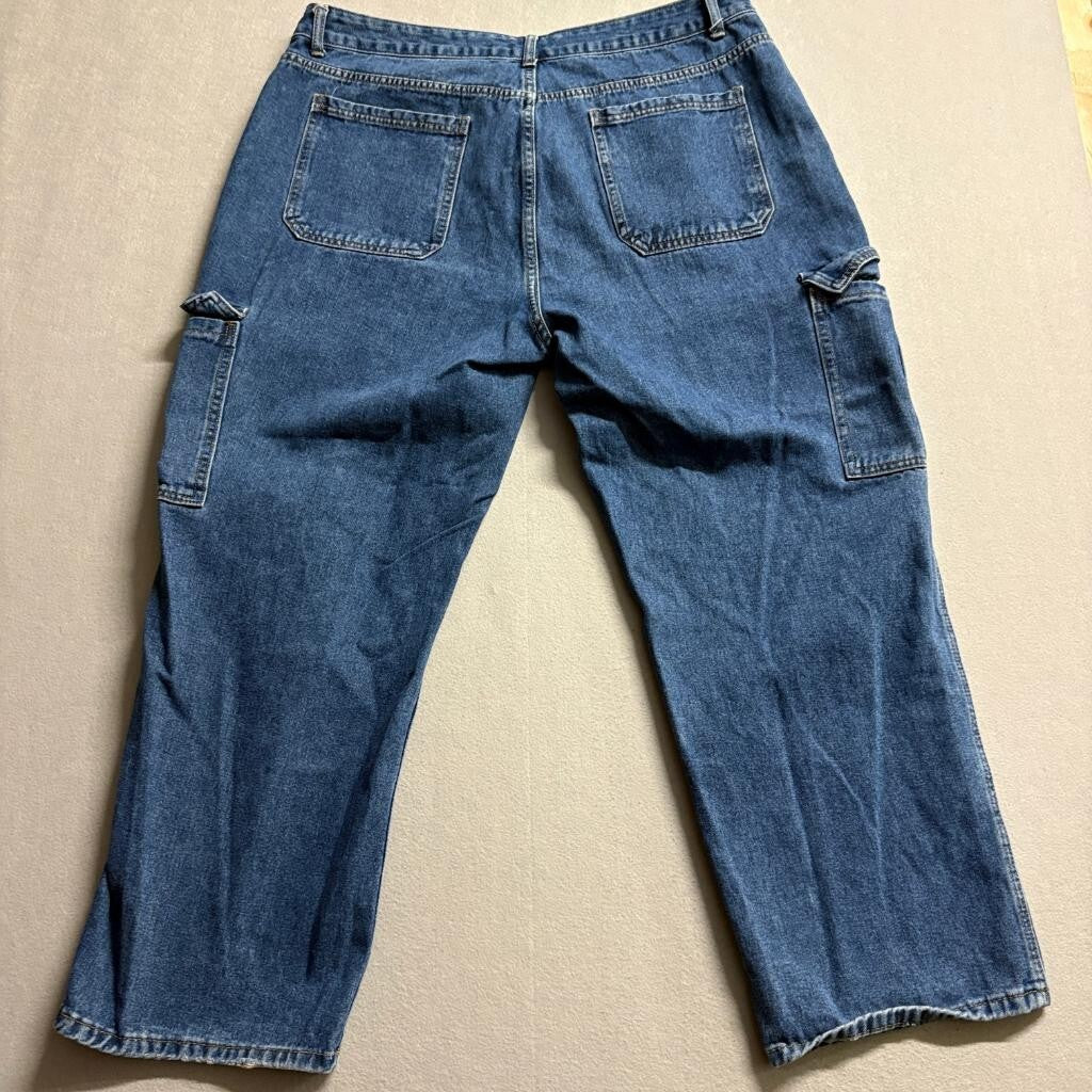 Shein Women Plus Size 3XL Cargo Jeans Blue Denim Wide Leg Utility Pockets