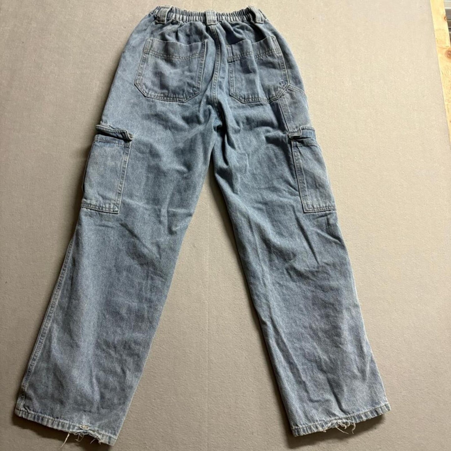 Simple Society Cargo Jeans Womens M Medium Blue Denim Elastic Waist Wide Leg