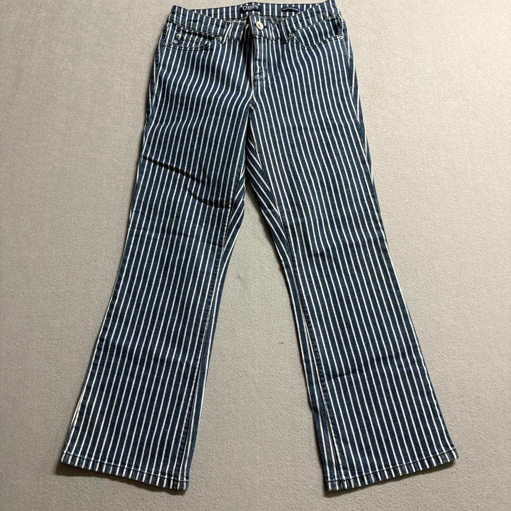 Chaps Jeans Womens Size 4 Blue White Striped Mid Rise Crop Kick Flare Denim