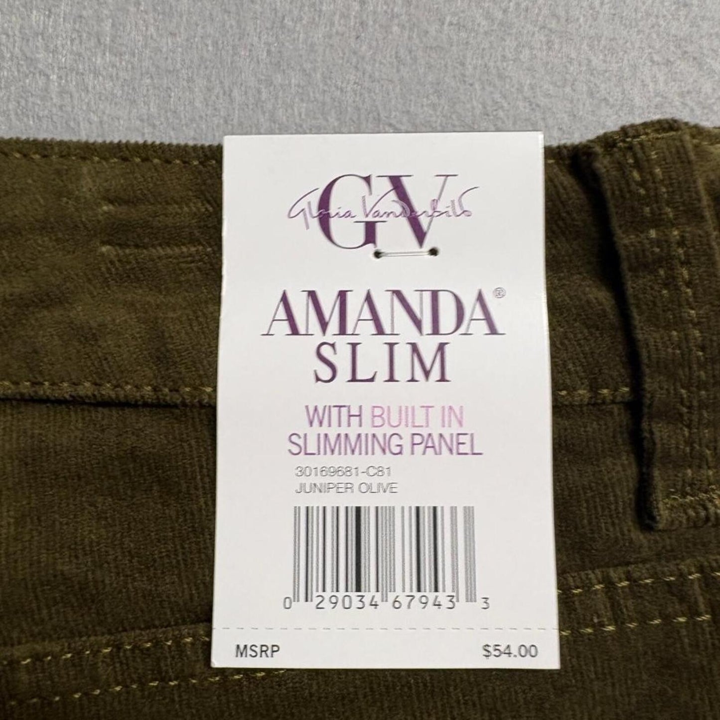 Gloria Vanderbilt Amanda Slim Corduroy Pants Womens 14 Olive Green High Rise