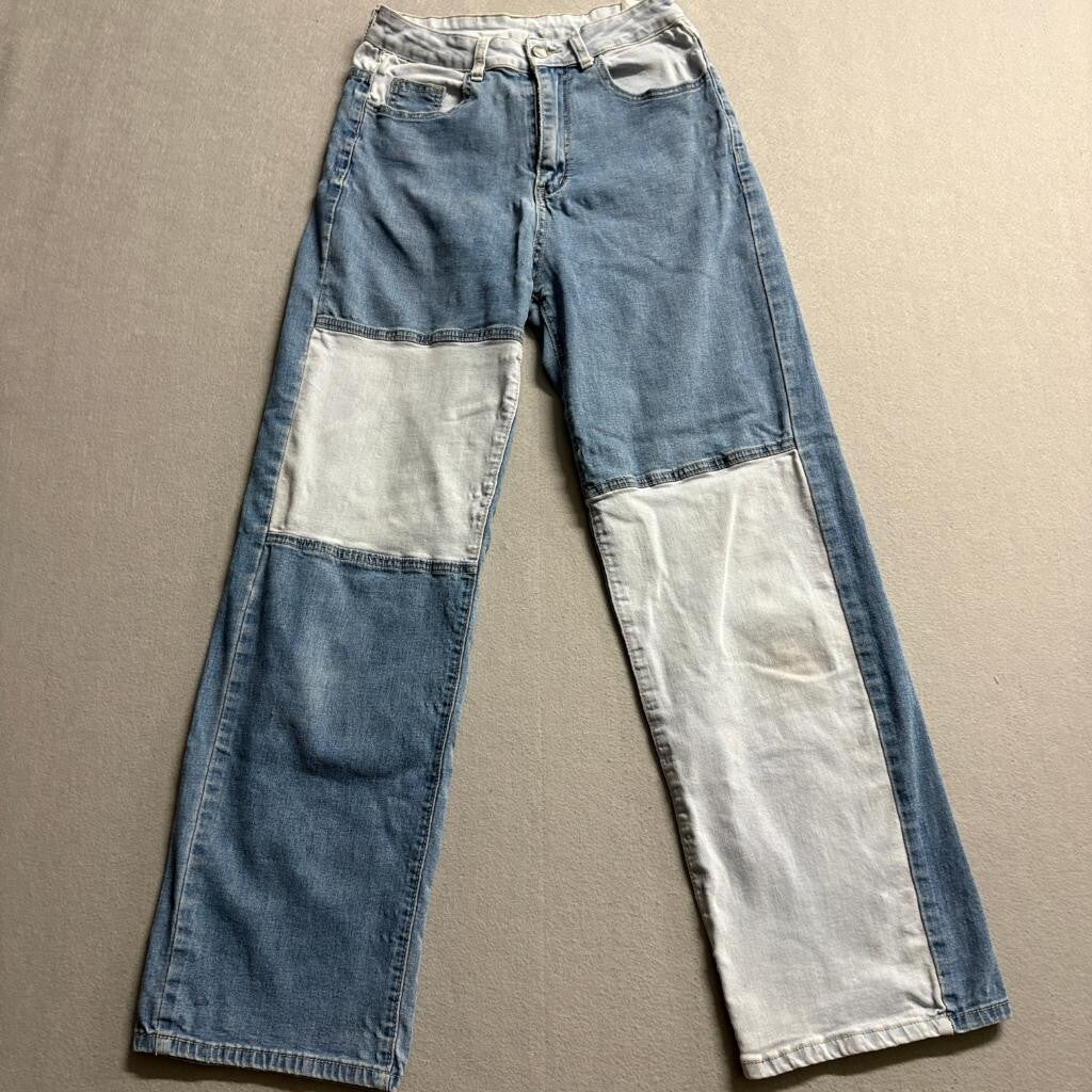 Unbranded Patchwork Wide Leg Jeans Womens Medium Blue Denim Colorblock Stretch