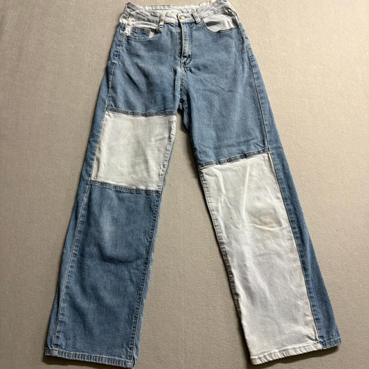 Unbranded Patchwork Wide Leg Jeans Womens Medium Blue Denim Colorblock Stretch