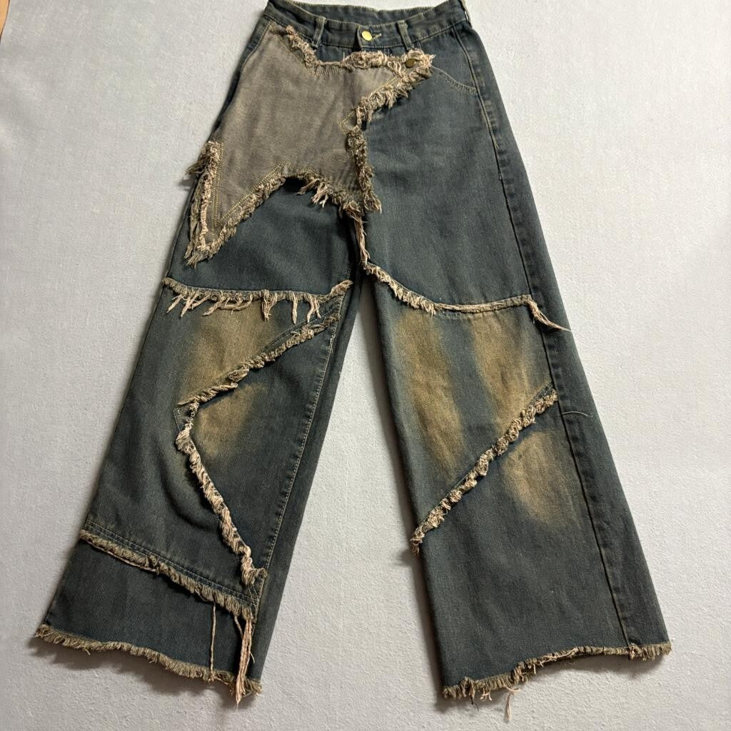 Unbranded Distressed Patchwork Wide Leg Jeans Womens Size S Gray Denim Fringe