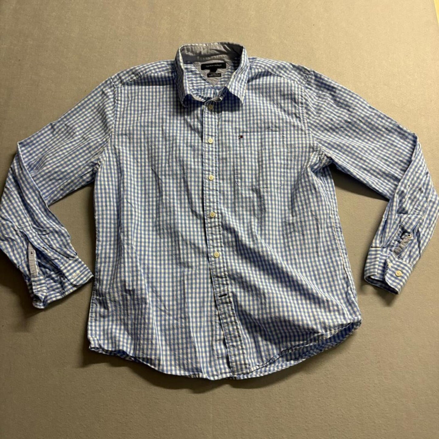 Tommy Hilfiger Shirt Mens Large Blue White Gingham Plaid Classic Fit Cotton
