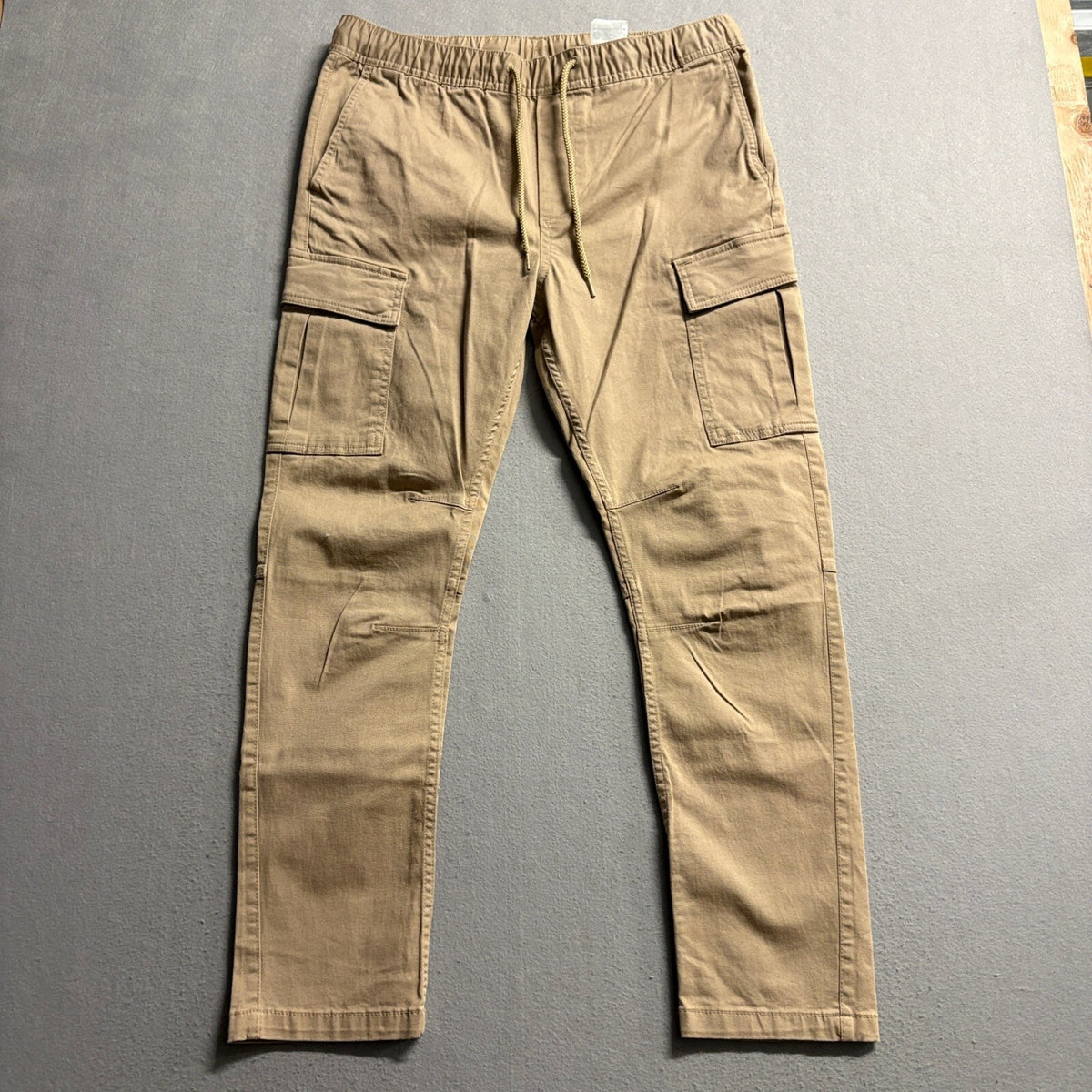 HM Mens Skinny Fit Cargo Pants Medium Tan Beige Drawstring Elastic Waist Stretch
