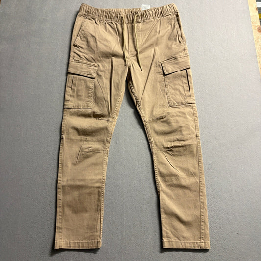 HM Mens Skinny Fit Cargo Pants Medium Tan Beige Drawstring Elastic Waist Stretch