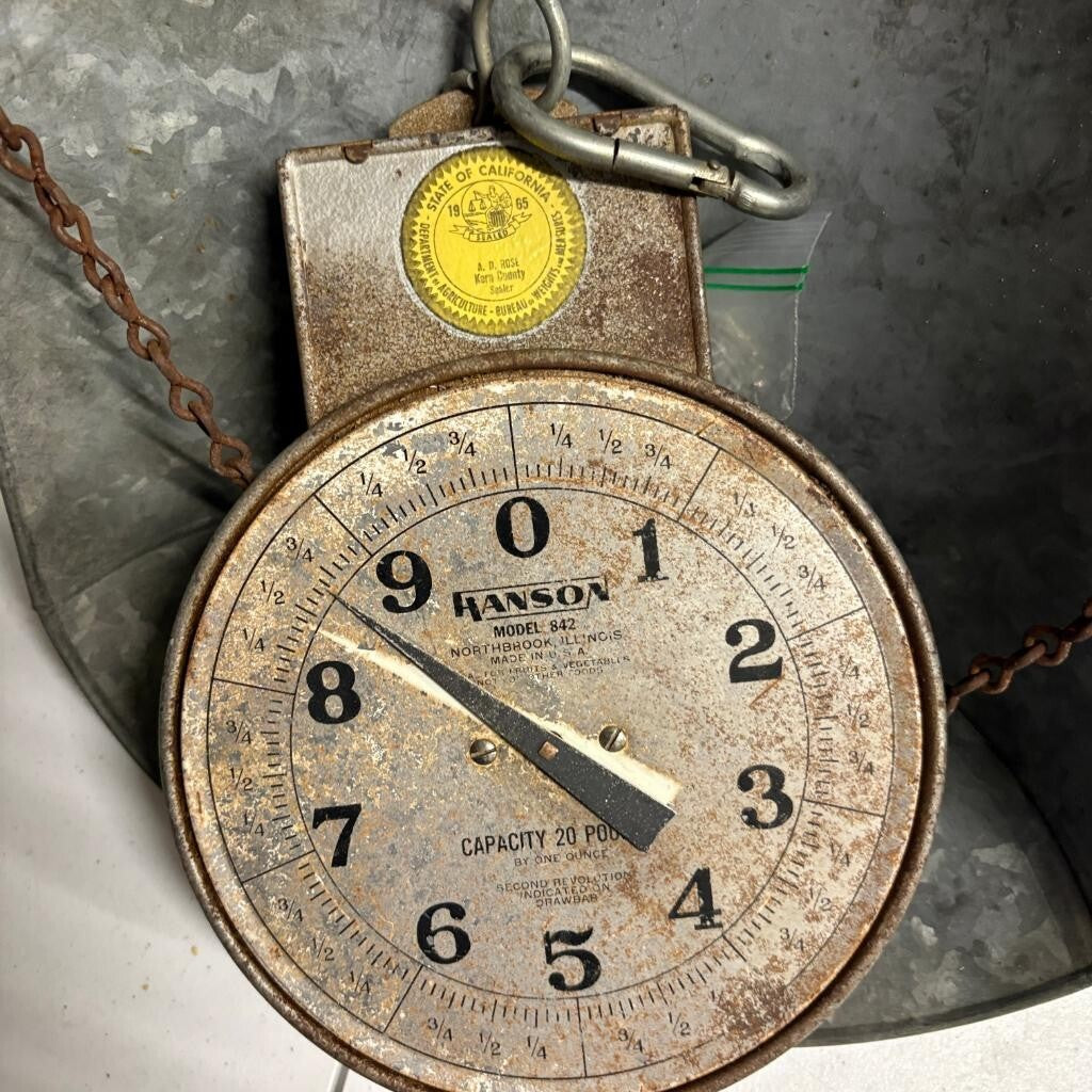 Vintage Hanson Model 842 Hanging Scale 20 Lb Capacity Galvanized Metal Scoop Pan