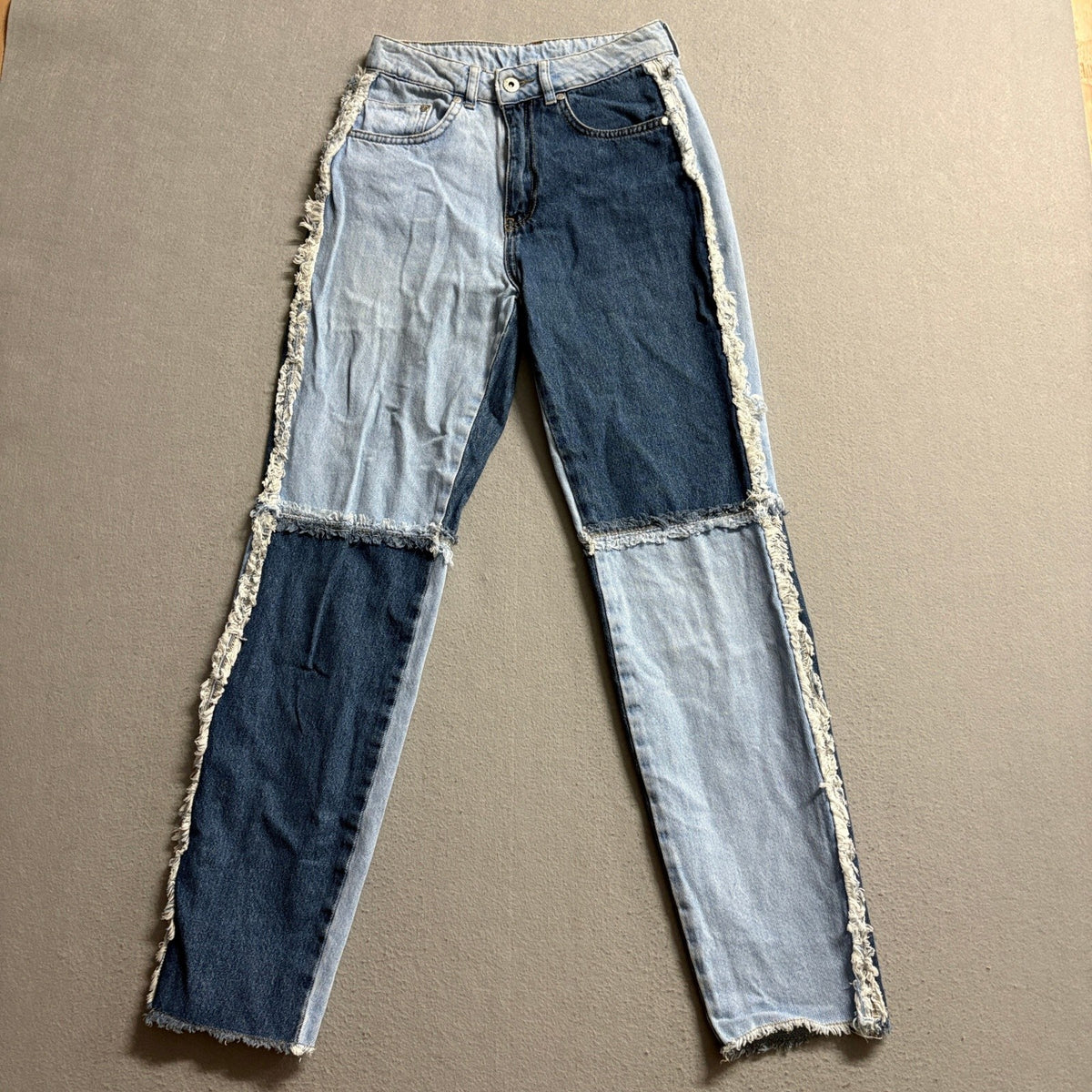 The Ragged Priest Two Tone Patchwork Frayed High Rise Straight Jeans Size 26