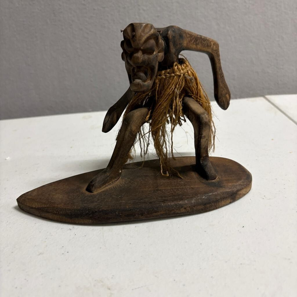 Vintage Hand Carved Wood Surfing Tiki Figure Hawaiian Folk Art Grass Skirt 6in