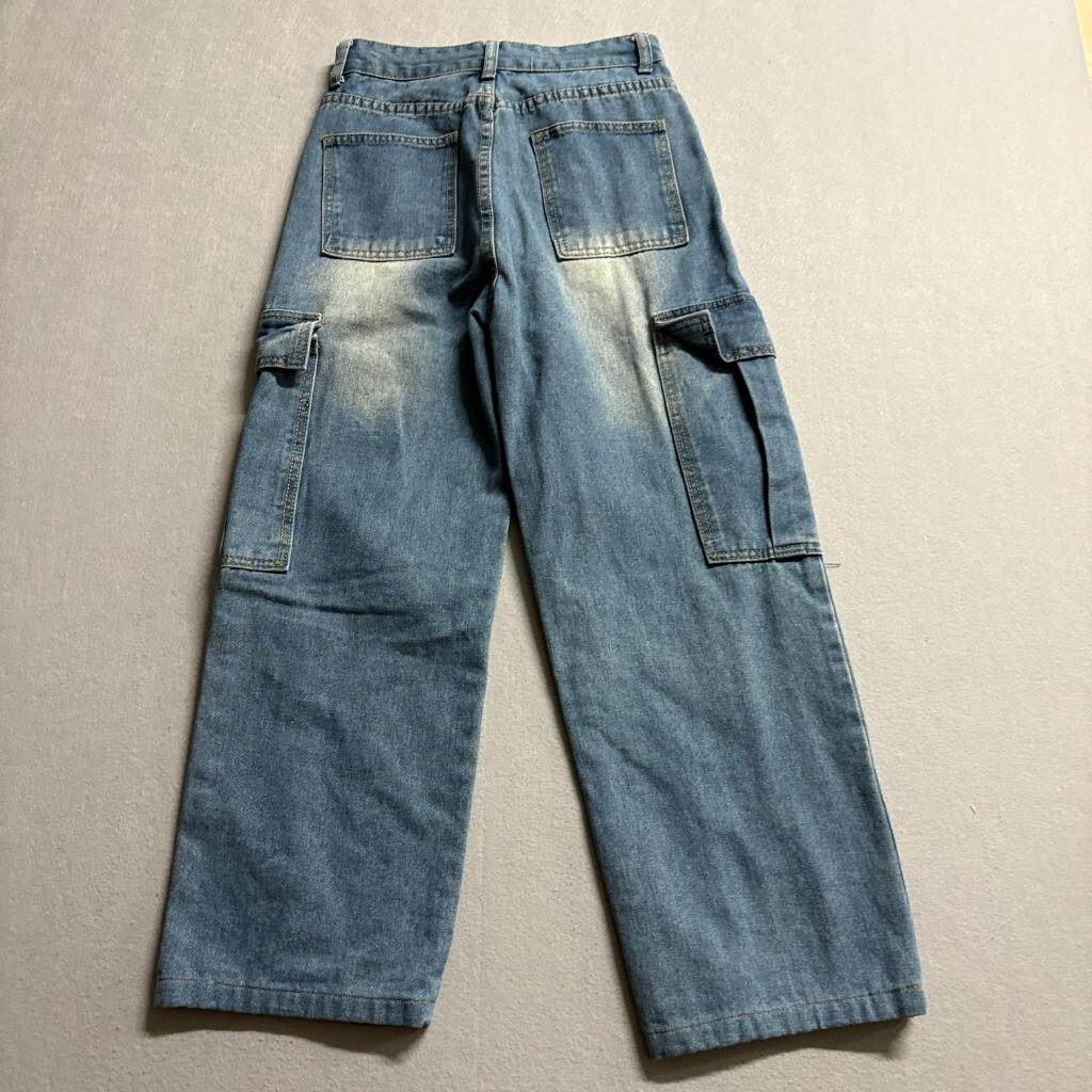 Unbranded Womens Blue Denim Cargo Jeans Size S Wide Leg High Rise Drawstring