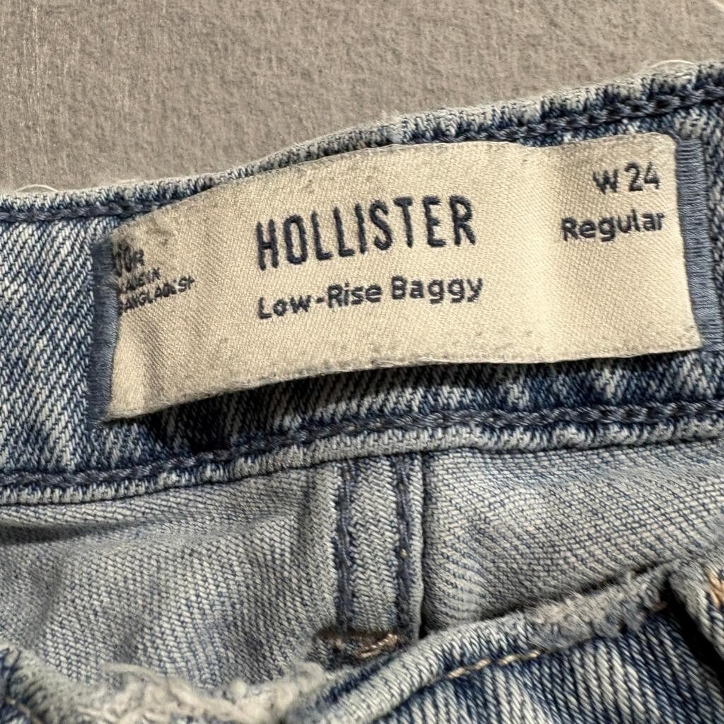 Hollister Low Rise Baggy Jeans Womens 00R W24 Light Wash Distressed Bow Pocket
