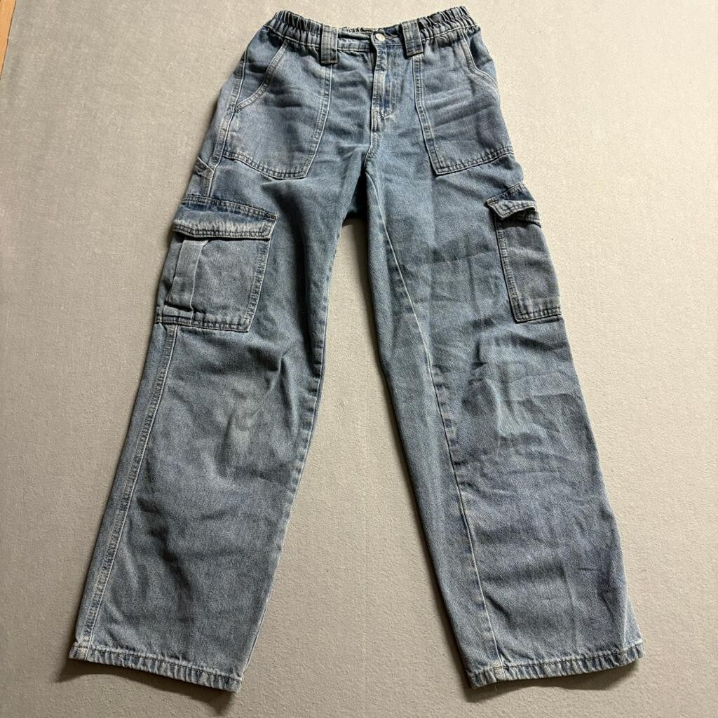 Simple Society Cargo Jeans Womens 3/26 Blue Denim Elastic Waist Utility Pants