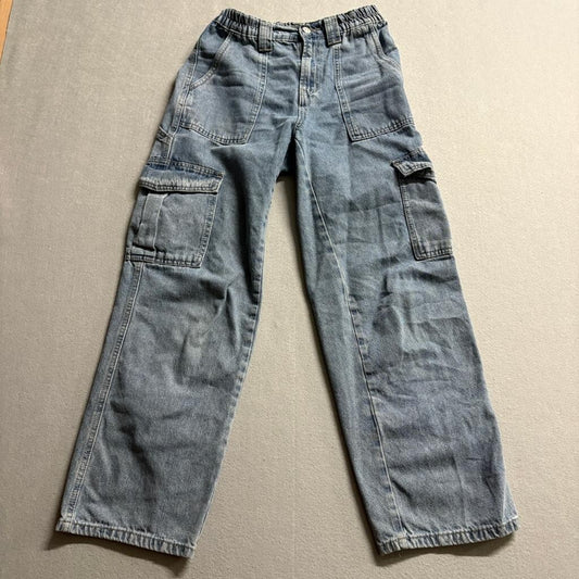 Simple Society Cargo Jeans Womens 3/26 Blue Denim Elastic Waist Utility Pants