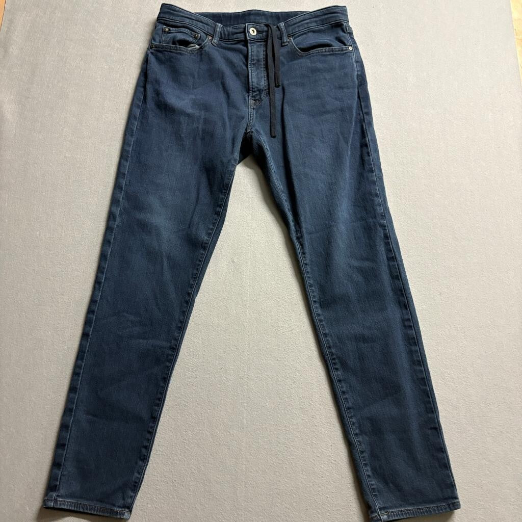 Uniqlo EZY Jeans Mens Large Dark Wash Blue Denim Drawstring Stretch Pants
