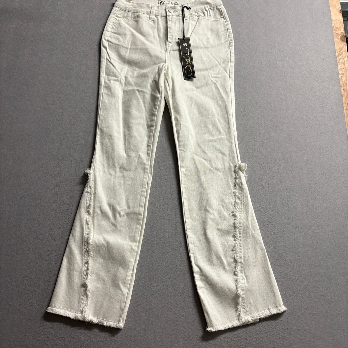 DG2 Diane Gilman Jeans Women Size 4 Off White Frayed Seam Flare Stretch NWT