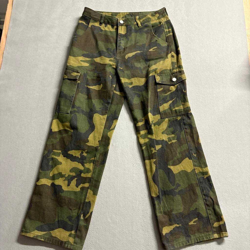 Shein Petite L Camouflage Cargo Pants Womens Green Cotton Wide Leg Utility