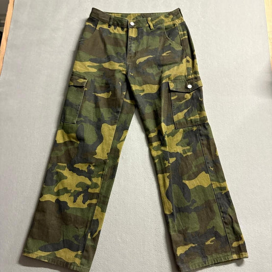 Shein Petite L Camouflage Cargo Pants Womens Green Cotton Wide Leg Utility
