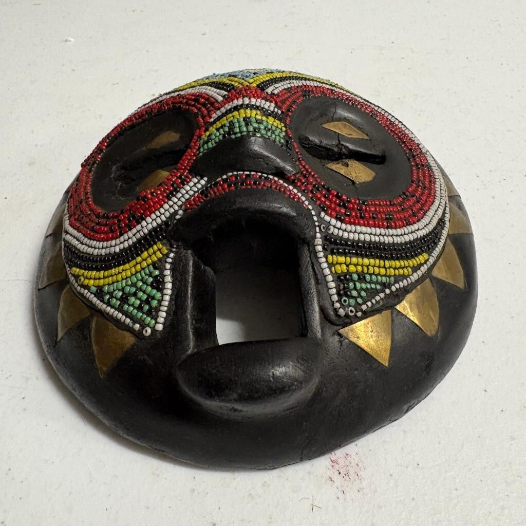 African Beaded Wood Mask Hand Carved Round Tribal Wall Hanging Brass Accents 7in