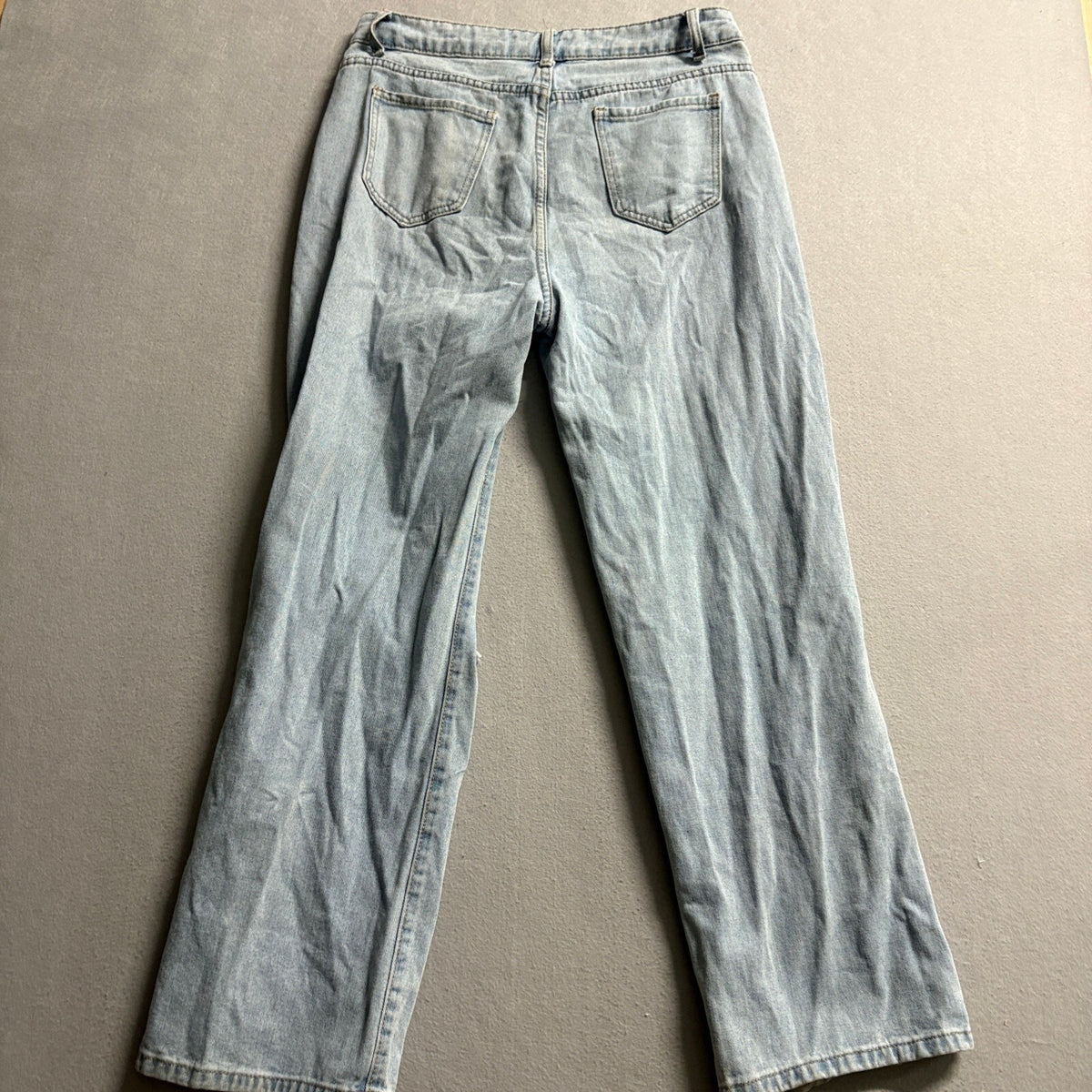 Shein Sun and Flower Graphic Distressed Jeans Womens Large Light Wash Denim